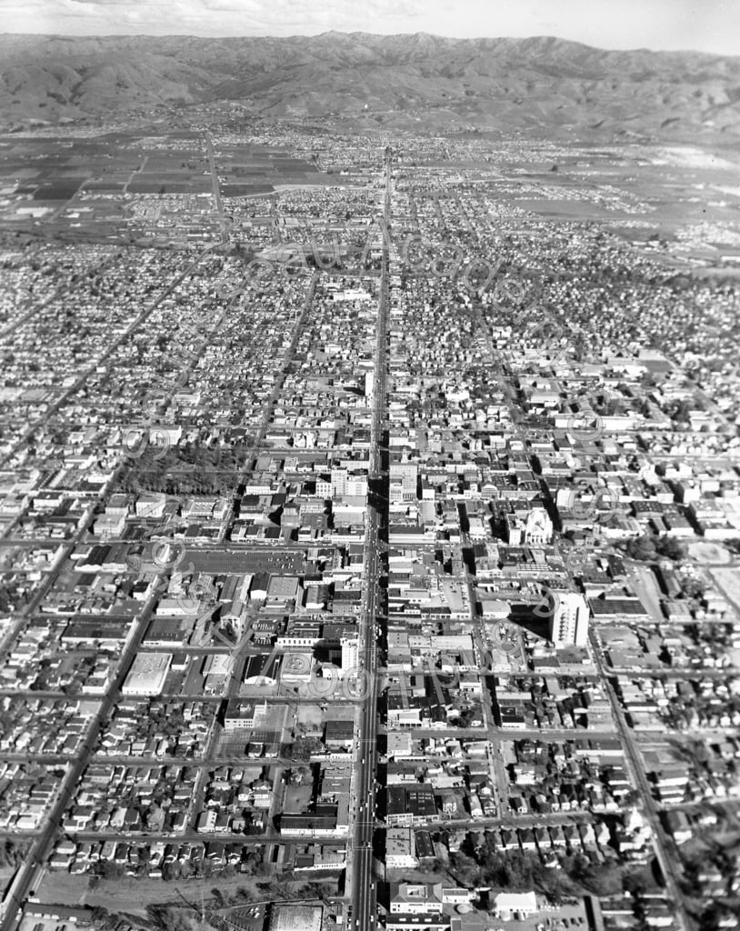 Santa Clara Street/Alum Rock Avenue aerial view east from Downtown to foothills
