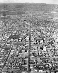 Santa Clara Street/Alum Rock Avenue aerial view east from Downtown to foothills