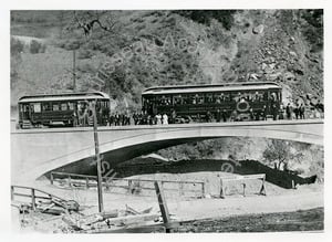 Peninsular Railway Cars 16 & 33 on railway trestle in Alum Rock Park