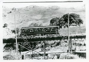 Peninsular Railway car No. 52 in trestle in Alum Rock Park