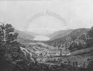 Image of Photograph of framed painting "Murphy Party Ascending the Pass from Donner Lake"