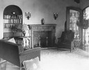 Image of Abrams residence, interior view of living room  with fireplace
